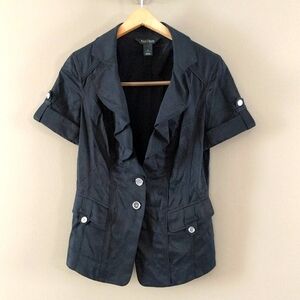 White House Black Market button up short sleeve top black ruffle detail